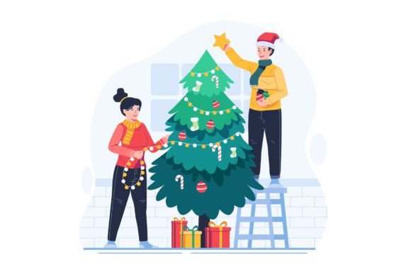A Couple Decorating a Christmas Tree