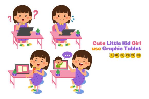 Cute Kid Girl Tablet Graphics for Digital Sellers
