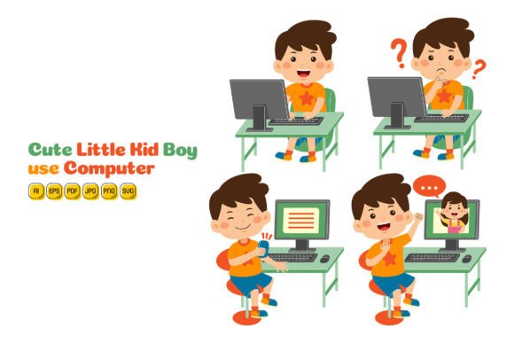 Cute Little Kid Boy Use Computer Graphics for Branding