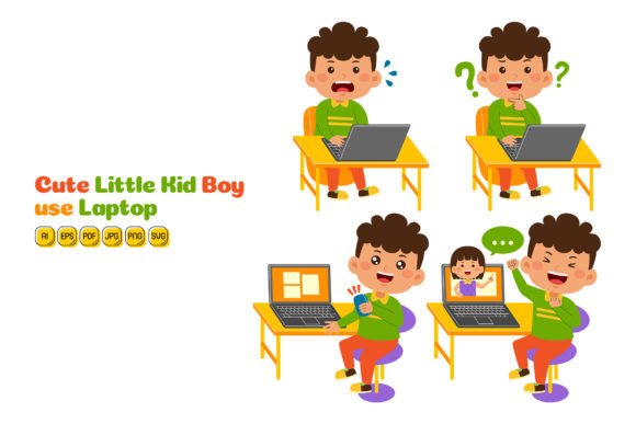 Cute Little Kid Boy Use Laptop Vector