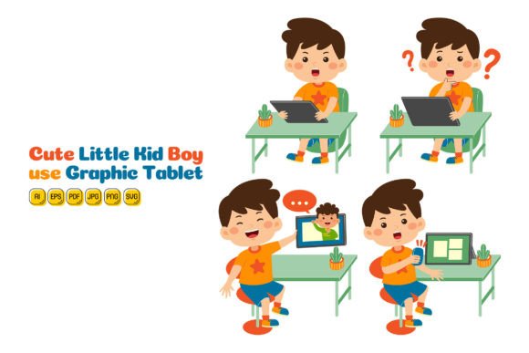 Cute Little Kid Boy Use Tablet Vector 02 Graphics