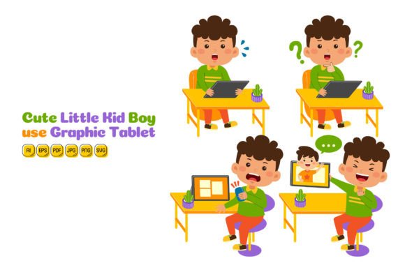 Cute Little Kid Boy Use Tablet Vector