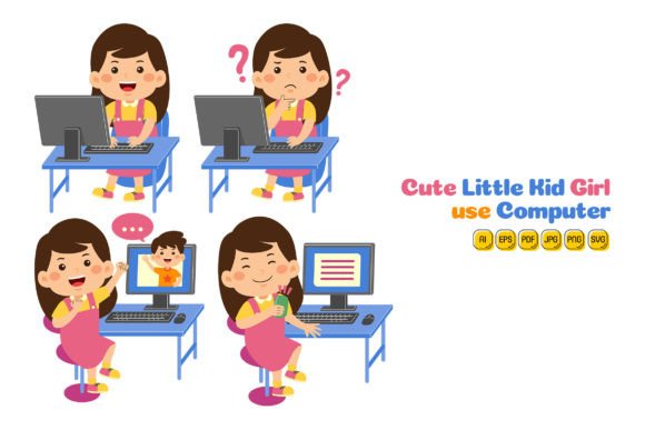 Cute Little Kid Girl Use Computer 02 Graphics