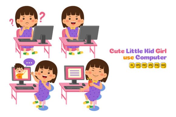 Cute Little Kid Girl Use Computer Graphics