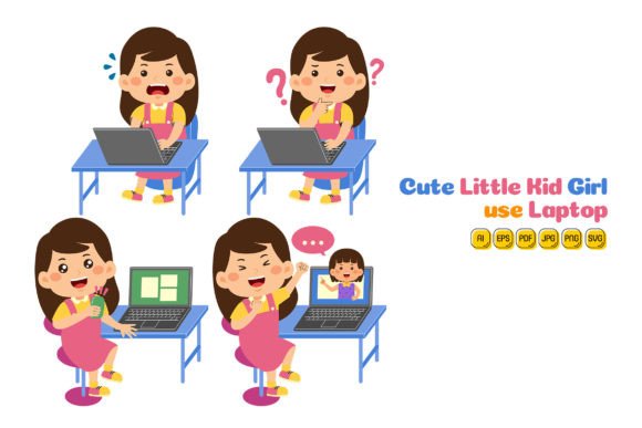 Cute Little Kid Girl Use Laptop Vector Graphics