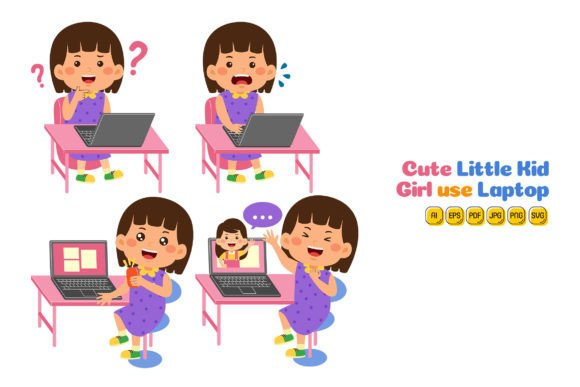 Cute Little Kid Girl Use Laptop Vector Graphics