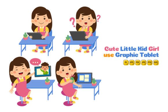 Cute Little Kid Girl Use Tablet Vector 1 Graphics