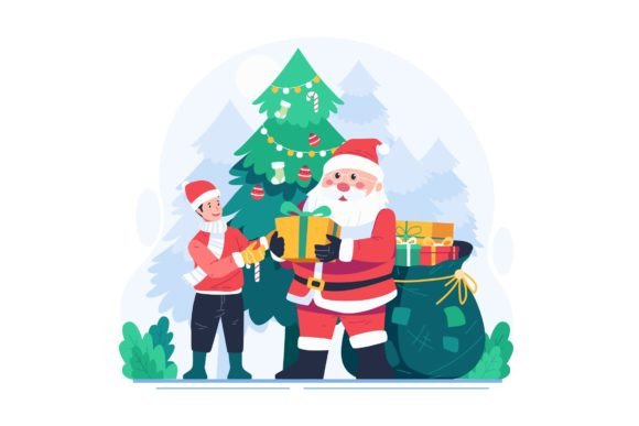 Santa Claus Giving a Gift Box to a Boy - A Festive Graphic Asset
