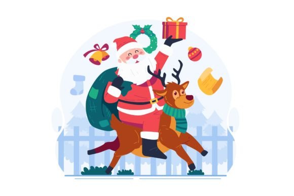 Santa Claus Riding on a Reindeer - Festive Illustration for Branding