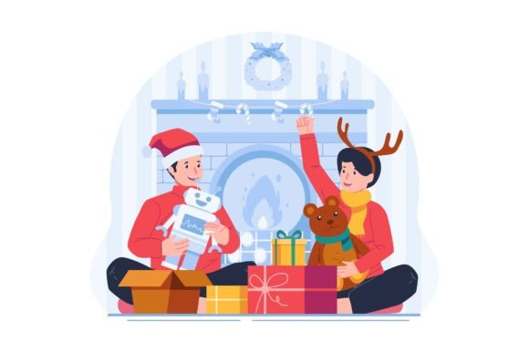 Two Kids Opening Christmas Gifts Graphic Illustration
