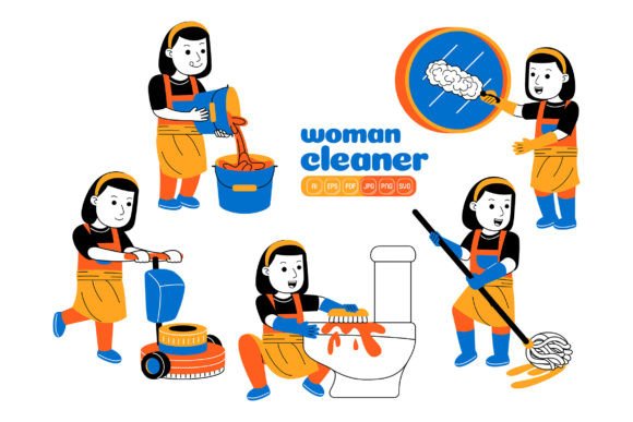 Woman House Cleaner Vector Pack 04: A Graphic Design Asset for Local Branding